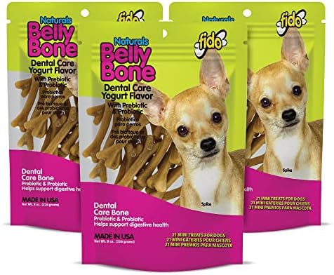 Fido Belly Bones for Dogs, Mini - 21 Count, Pack of 3 - Yogurt-Flavor Dental Treats for Small Dogs - Plaque & Tartar Control for Fresh Breath - Digestive Support - Made in USA (63 Total)