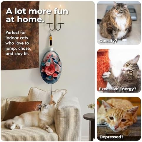 Interactive Cat Toys for Indoor Cats, Automatic Concealed Hide and Seek Hanging Feather Cat Toy, Rechargeable Motion-Activated Enrichment Toys for Bored Adult Cats (Bird & Flowers Pattern）