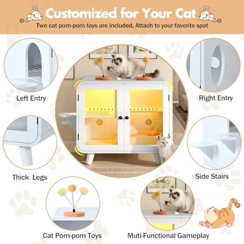 Smart Cat Litter Box Enclosure with RGB LED Light, TV-Stvle Cat Cabinet with Transparent Doors,Side Steps, Pom-Pom Toys,Indoor Pet House for Living Room,Bedroom(30.7"*23.6"*28",White)