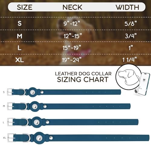 Leather Dog Collar with Airtag Holder - Apple Air Tag Dog Collars - Soft Tracking GPS Pet Collar for Small Medium Large Dogs Breed Puppy (Smoky Blue, M, 12"-15" Neck Fit)