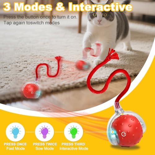 2-Pack Interactive Cat Toys Ball for indoor Cats＆Dog,Automatic Cat Toy with Smart Obstacle Avoidance & Bird Chirps ,Includes 4 Cat Spiral Spring,Cat Enrichment Toys for Indoor Cats(Red＆Yellow)