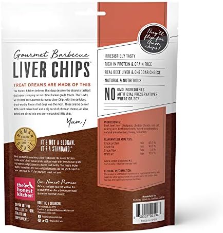 The Honest Kitchen Gourmet Barbecue Beef Liver Dog Treats, Human Grade Beef Liver Chips & Cheddar Recipe, High Protein Crunchy Training Treats for Dogs, Slow Baked Recipe, 4 oz Bag
