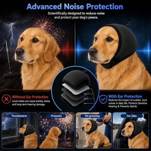 Adjustable Dog Quiet Ear Muffs Calming Ear Hoodie, Noise Canceling Breathable Ear Wraps for Dog Anxiety Relief, Ear Covers for Fireworks Thunderstorm Grooming Force Drying Noise Protection(Black, L)