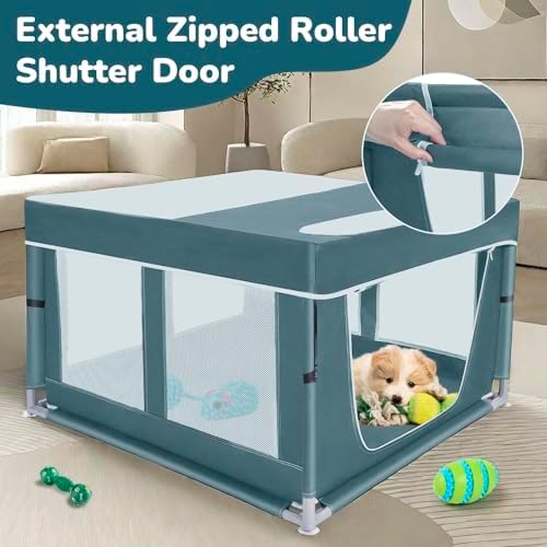 Dog Kitten Playpen with Cover, 42x42 x25.5 Puppy Playpen for Small Pet with See-Through Topper Proof, Green