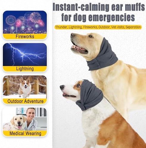 Meifsou Quiet Ears for Dogs - Adjustable Ear Covers for Noise, No Shake Dog Head Wrap, Dog Calming Hood for Thunder, Lightning, Fireworks, Vet Visits, Polyester and Stretch Cotton Blend, Grey L