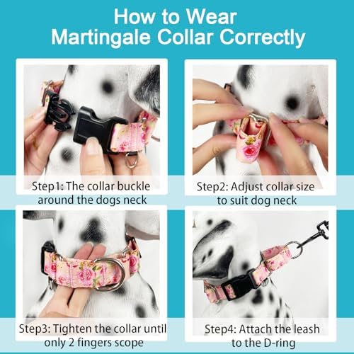Female Martingale Dog Collar with Buckle Cute Girl Pink Floral Dog Collars for Medium Dogs, Watercolor Pink Rose