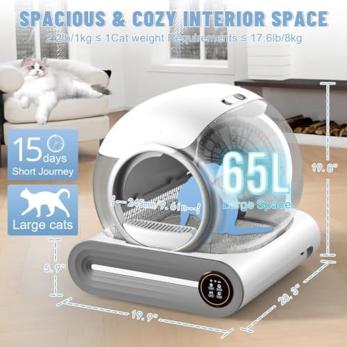 SUW Self Cleaning Litter Box, Automatic Cat Litter Box for Multiple Cats, 65L+9L Robot, APP Control, 3 Rolls Grabage Liner Bags, 1 Odor Eliminator, Negative ion Deodorization, Toilet Monitorin,White