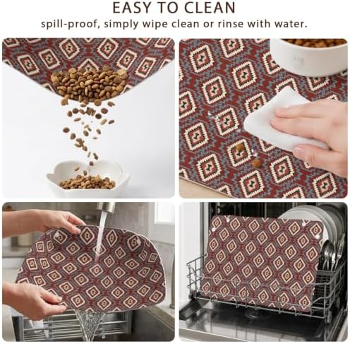 Diamond Motifs Pet 100% Waterproof Feeding Mat with Raised Edges, Tribal Eye Cat Small Dog Foldable Food Mat with Easy Clean Leather for Home Travel 17.7x11.8in