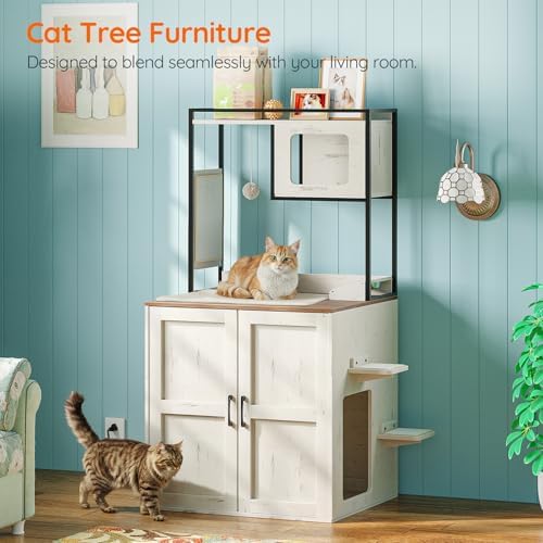 HOOBRO Cat Automatic Litter Box Enclosure Furniture, 30.5" L x 26.8" W x 61" H, Hidden Robotic Litter Box Cabinet, Dog-Proof Shelf with Charging Station, Scratching Mat, Bowls, White WH68UMZ03