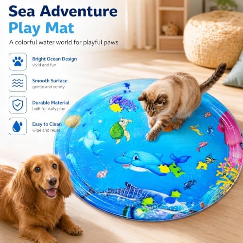 2026 Upgraded Cat Water Mat – 5-Layer Anti-Scratch Leak-Proof Sensory Play Mat for Indoor Cats, BPA-Free Cooling Water Pad, Interactive Enrichment Toy (S6, 65 * 50CM, 4 Fish + Pump Included)