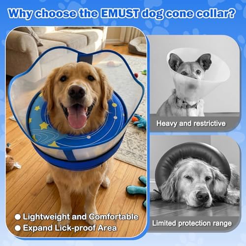 EMUST Inflatable Dog Cone Collar with Removable Clear Protective Shield, 2 in 1 Dog Donut Collar After Surgery for Large Dogs, Soft Adjustable Pet Cone Alternative to Stop Licking(Blue, Large)