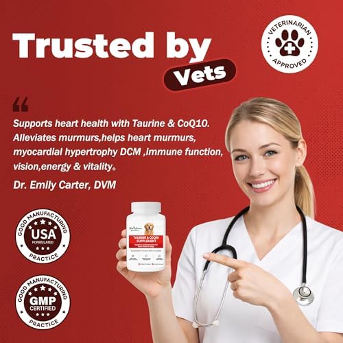 Taurine Supplement for Dogs – Supports Cardiovascular Health,Helps Heart Murmurs,Myocardial Hypertrophy DCM,Promotes Normal Heart, Immune Function,Vision,Energy & Vitality,CoQ10–Vet-Formulated-120ct