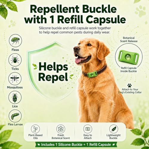 Natural Flea and Tick Repellent Buckle for Dogs, Dog Flea & Tick Control Pendant Tag, Water-Resistant Silicone Buckle with 1 Refill Capsule for Most Dog Collars