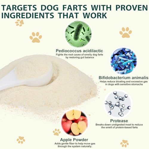Dog Fart Remedy with 4B CFU Pediococcus Acidilactici Probiotics & Digestive Enzymes, Helps Reduce Smelly Gas & Bloating, Supports Dog Gut Health & Digestive Balance, Powder for Dogs – 5 oz