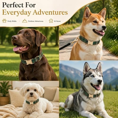 Soft Cotton Dog Collar Classic Plaid Pet Collars with Metal Clasp for Large Dogs with Sensitive Skin, Forest Green