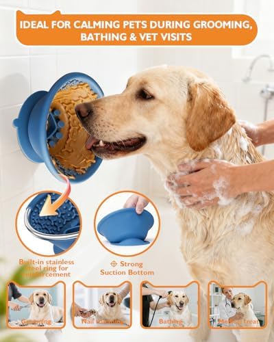 Dog Lick Bowl, Non-Slip Slow Feeder Licking Mat & Treat Dispenser (Wide Bowl Mouth w/Inlaid Stainless Steel Ring) - Interactive Toys, Anxiety Reducer, Freeze Bone for Dogs, BPA Free Silicone(Blue)