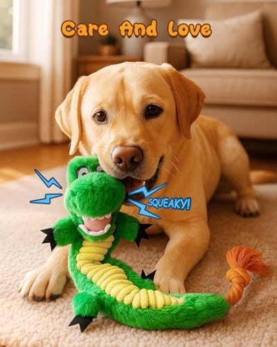 Swooflia Dog Rope Toy - Interactive Cute Dinosaur Squeaky Plush Toys No Stuffing, Teeth Cleaning for Small Medium and Large Dogs, Durable Puppy Tug of War Chew Toy for Training and Play