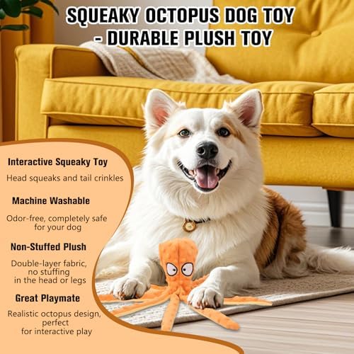 Dog Squeaky Toys Octopus, No Stuffing Plush Toys, Squeaky Octopus Dog Toy - Durable Plush for Puppies, Interactive Dogs Toys for Aggressive Chewers (Purple+Blue)
