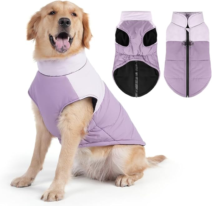 Dog Coat, Waterproof Dog Winter Jacket in Puppy Cold Weather Windproof Coats Reflective Pet Vest, Zip-Up Cold Weather Coats for Small Medium Dogs (Purple and White, L)