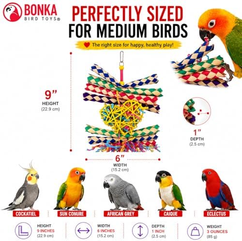 Bonka Bird Toys 1730 Foraging Valentine Heart Bird Toy for Medium Birds Shredding and Chewing Cage Toy Colorful Palm Leaf and Paper Foraging Toy 9" x 6"