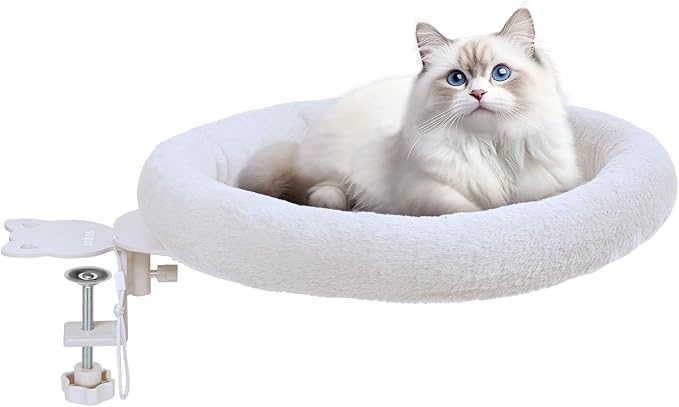 Rotating Cat Desk Bed for Remote Workers, Home Office Staff and Gamers ，Quality Soft Cat Bed, 360° Swivel, Removable Washable Cushion, Comfortable and Easy to Assemble, Supports up 40 lbs(White)