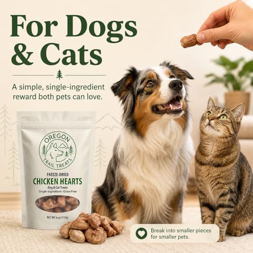 Oregon Trail Treats Freeze Dried Chicken Hearts 4oz - Premium Single Ingredient Cat & Dog Chicken Treats - No Preservatives, Zero Gluten or Grain - Made in the USA