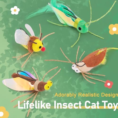 SONGWAY Cat Toy Wand Refill Bugs - 4 Pieces Cat Bug Toys Replacement, Teaser Wand Toy Attachments, Interactive Insect Feather Toys for Cats Kittens