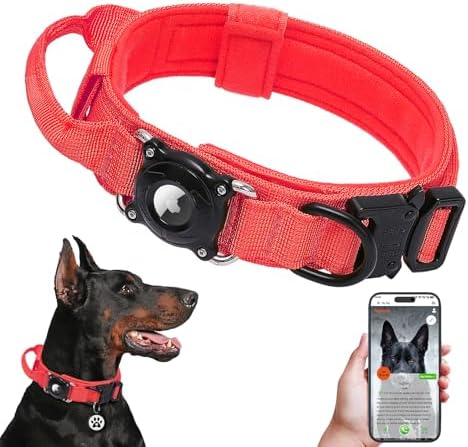 Waterproof AirTag Dog Collar with QR Code ID Tag, Tactical Military Dog Collar with Built-in AirTag Holder, Heavy Duty Metal Buckle & Control Handle, GPS Tracker Collar for Large Dogs (Red, XL)
