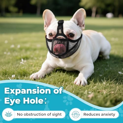 OHCOZZY Soft French Bulldog Muzzle with Eye Hole,Adjustable Short Snout Dog Muzzle for French Bulldog,Pug,Shih Tzu,Allow to Drink and Feed,Anit Biting Chewing(L,Black)