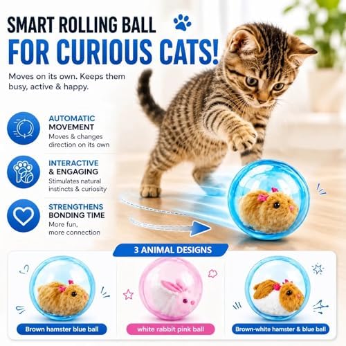 2026 New Self-Rolling Interactive Cat Ball Realistic Animal Automatic Moving Rolling Cat Ball 360° Rolling Spin Moving Cat Ball Fun Indoor Interactive Pet Ball for Cats Dogs Chasing (Pink, Mouse-A)