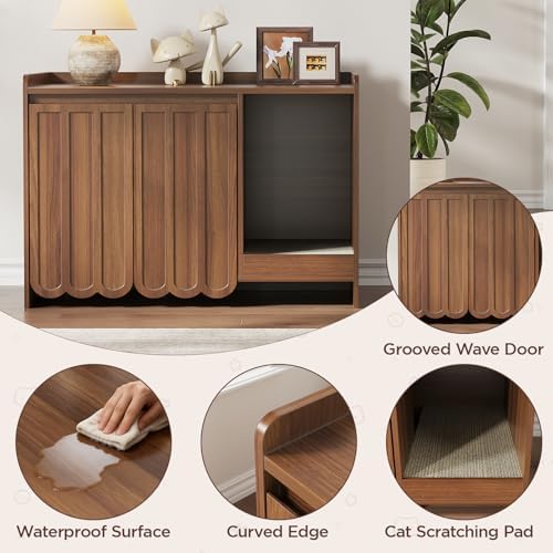 Halitaa Cat Litter Box Enclosure with Scratch Pad, Hidden Litter Box with Soft-Close Hinges, Modern Fluted Cat Litter Box Furniture, Dog Proof Litter Box Cabinet, Side Table, Walnut