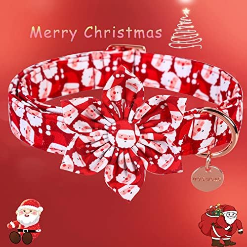DOGWONG Christmas Dog Collar with Flower, Red Santa Claus Dog Collar Soft Durable Adjustable Cotton Puppy Collar for Small Medium Large Dog