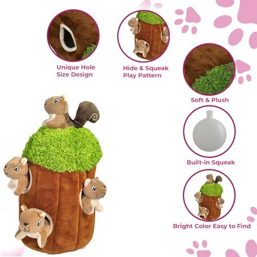 Glow Pups Hide and Seek Dog Toy Squirrel in Tree Trunk, Plush Interactive Burrow Dog Toy with Squeaker, Promotes Mental Stimulation, Easy to Clean, Woodland Style, Large (Brown)
