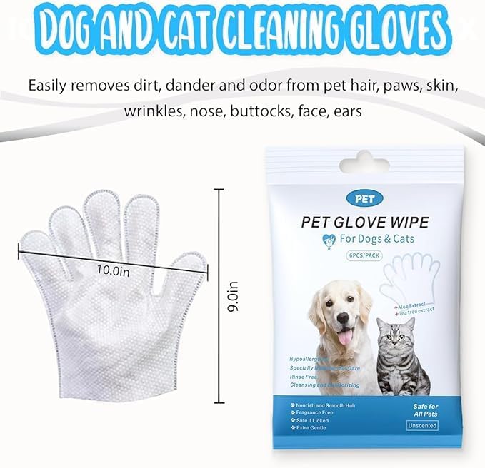 Dog and Cat Cleaning Gloves, Cleaning and Deodorizing Grooming Gloves, Dog and Cat Fur Face, Ears, Eyes, Paws Cleaner, Pet Grooming Wipes, Nourishing Fur, for Daily Care and Travel, No Rinse (12 Pcs)