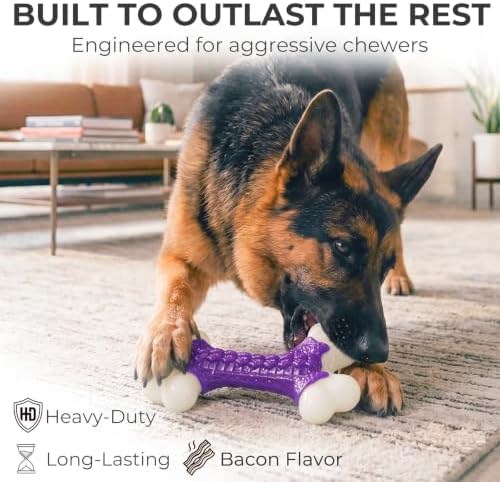 Kseroo Indestructible Dog Toys for Aggressive Chewers: Bacon Flavored Hard Nylon Bone Chew Toys, Tough Dog Chew Toys for Large Dogs, Dog Toys to Keep Them Busy for Medium Large Breed, Purple