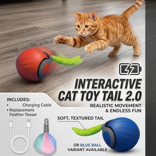 Teazys Cat Toy Turbo Tail 3.0,Interactive Cat Toy Ball, Automatic Cat Toy with Tail, Electric Rolling Ball on Carpet, Cat Enrichment Toys for Small/Medium/Large Cats to Keep Them Busy (Orange)