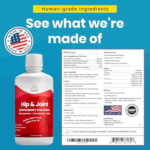 Paramount Pet Health Liquid Glucosamine for Dogs, 1600 mg Glucosamine for Dogs Hip & Joint Supplement, Ideal for Mobility & Comfort, Easy-to-Use Liquid MSM, Chondroitin, Made in USA, 32 oz
