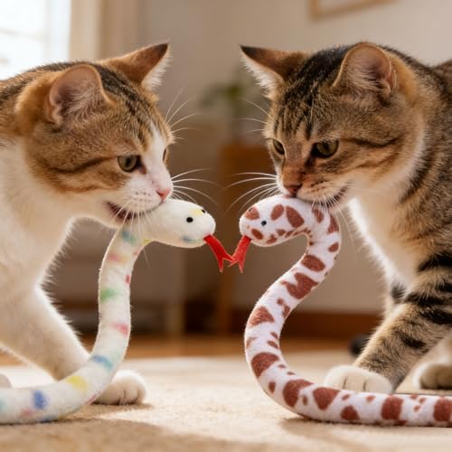 Andiker 2PCS Snake Cat Toys, 23.6 Inches Long Realistic Snake Shape Cat Plush Toys with Bite-Resistant Fabric Interactive Cats Toy for Indoor Cats to Bite Chew Keep Teeth Clean (Colourful&Blue)