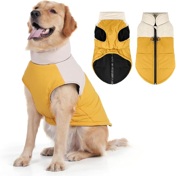Dog Coat, Waterproof Dog Winter Jacket in Puppy Cold Weather Windproof Coats Reflective Pet Vest, Zip-Up Cold Weather Coats for Small Medium Dogs (Beige and Yellow, XL)