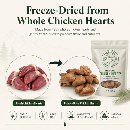 Oregon Trail Treats Freeze Dried Chicken Hearts 4oz - Premium Single Ingredient Cat & Dog Chicken Treats - No Preservatives, Zero Gluten or Grain - Made in the USA