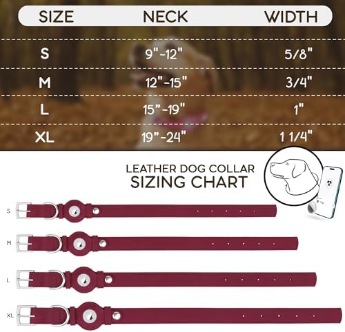 Leather Dog Collar with Airtag Holder - Apple Air Tag Dog Collars - Soft Tracking GPS Pet Collar for Small Medium Large Dogs Breed Puppy (Burgundy, M, 12"-15" Neck Fit)