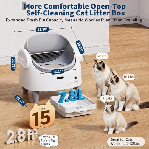 Automatic Self-Cleaning Cat Litter Box with App, Open Top, White