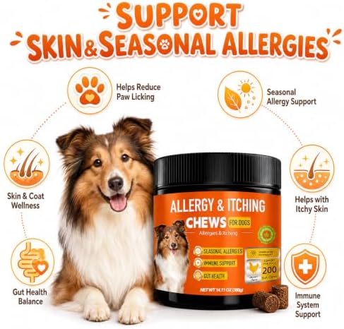 Dog Allergy Chews 200 Ct - Itch Relief for Dogs Immune Support with Colostrum Probiotics Seasonal Allergies Anti-Itch Skin & Coat Supplement, Itchy Skin & Paw Relief Bites - Chicken Flavor