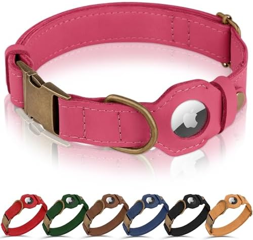 AirTag Dog Collar - Genuine Leather Dog Collar with Apple AirTag Holder and Metal Buckle - Smart GPS Tracking Pet Collars (Pink, S, 12"-15" Neck Fit)
