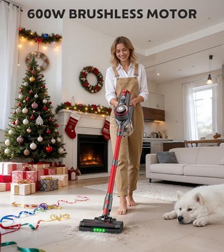 K25 Cordless Vacuum Cleaner, 650W 55KPa Stick Vacuum, 70Min Runtime (Red)
