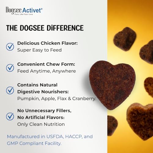 Dogsee Activet+ Dog Gut Health Supplement Chews, with Probiotics, Prebiotics, Digestive Enzymes & Fiber, Supports Digestion, Prevents Diarrhea, Loose Stool and Itchy Skin, Chicken Flavor – 90 Chews