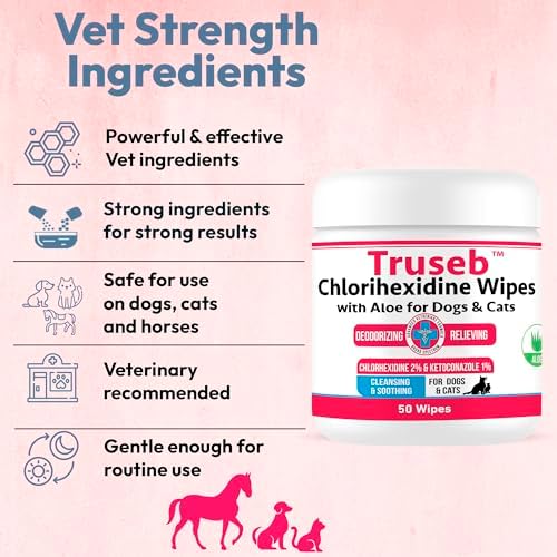 Truseb Ketoconazole & Chlorhexidine Wipes for Dogs and Cats, Helps Clean, Deodorize, Soothe Hot Spots, Itchy Paws, and Irritated Skin Folds, Smelly Skin Relief(100 Count) Dogs & Cats Small Wipes