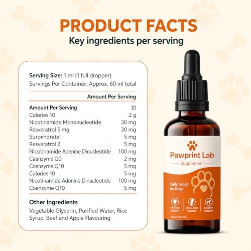 Pawprint Lab Liquid Dog Supplement, Dog Vitamins & Liquid Supplements, Immune, Hip & Joint and Mobility Support, Daily Multivitamin Formula, 2 fl oz 60 mL