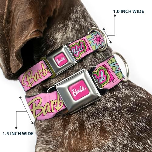 Mattel Pet Collar, Dog Collar Metal Seatbelt Buckle, Barbie Smart Beautiful Strong Icons Pink Multi Color, 13 to 17 Inches 1.5 Inch Wide