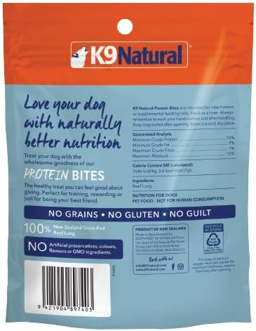 K9 Natural, Freeze-Dried Single Ingredient Dog Treats, High-Value, Low-Calorie Protein Bites for Active Dogs, Healthy Dog Training Treats, Grain-Free Reward, Beef Lung, 2.1oz